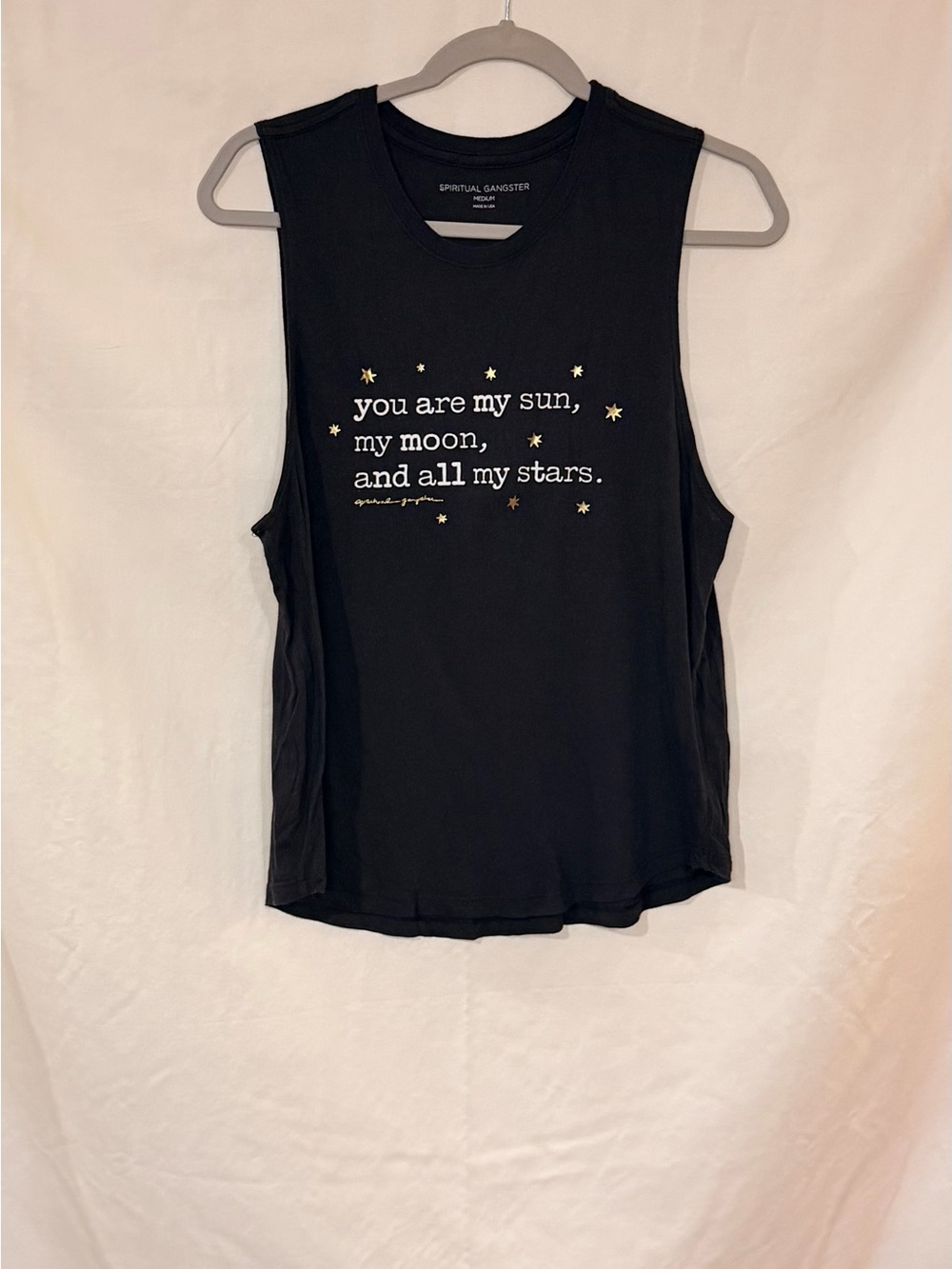 Spiritual Gangster Black Graphic Muscle Tee with Gold Star Details